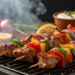 Grilled juicy kebabs with colorful vegetables
