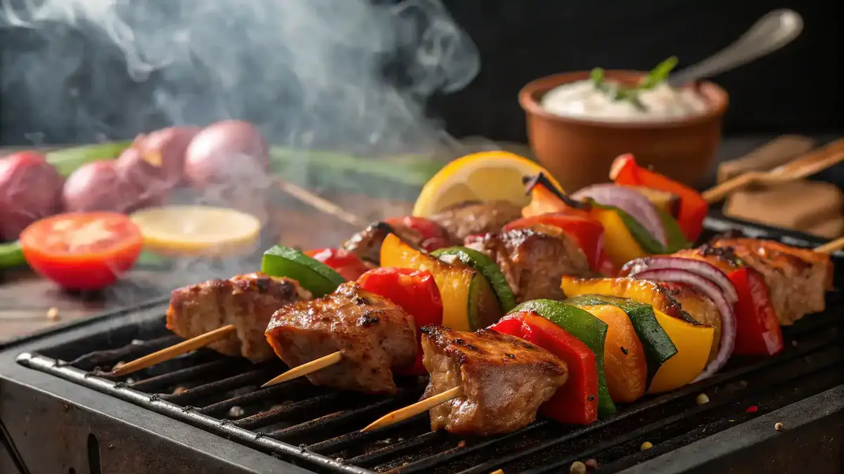Grilled juicy kebabs with colorful vegetables