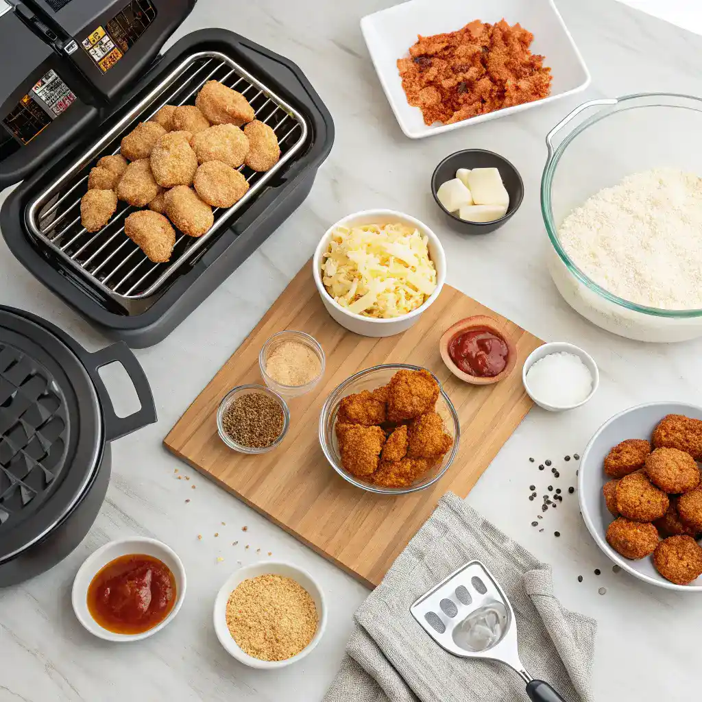 A kitchen countertop with key ingredients and equipment for making boneless wings, highlighting the essentials for the boneless wings recipe.