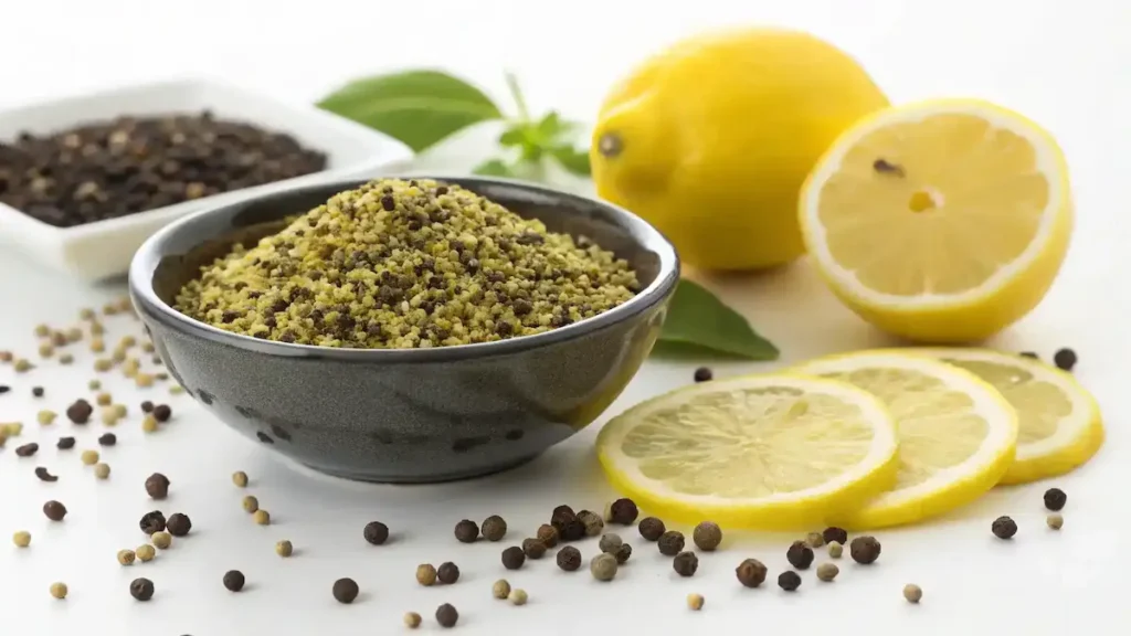 Bowl of lemon pepper seasoning with fresh ingredients in the background.