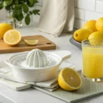 Lemon squeezer with fresh lemons and juice.