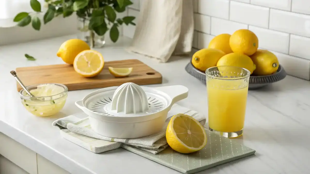 Lemon squeezer with fresh lemons and juice.