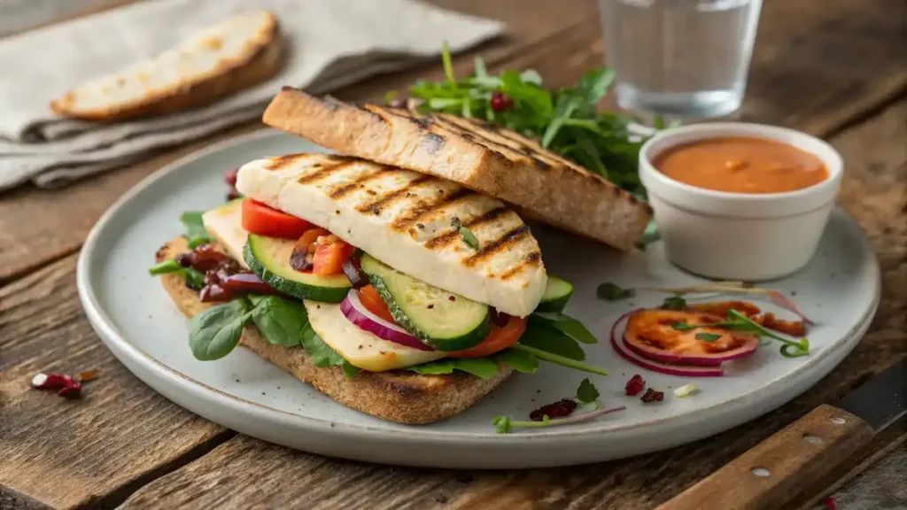 Delicious halloumi sandwich with fresh vegetables