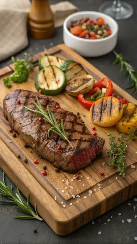 Juicy Denver steak garnished with herbs