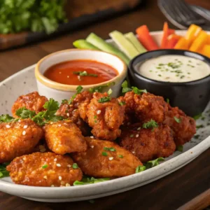 A family enjoying a meal of boneless wings together, highlighting the joy of sharing food.