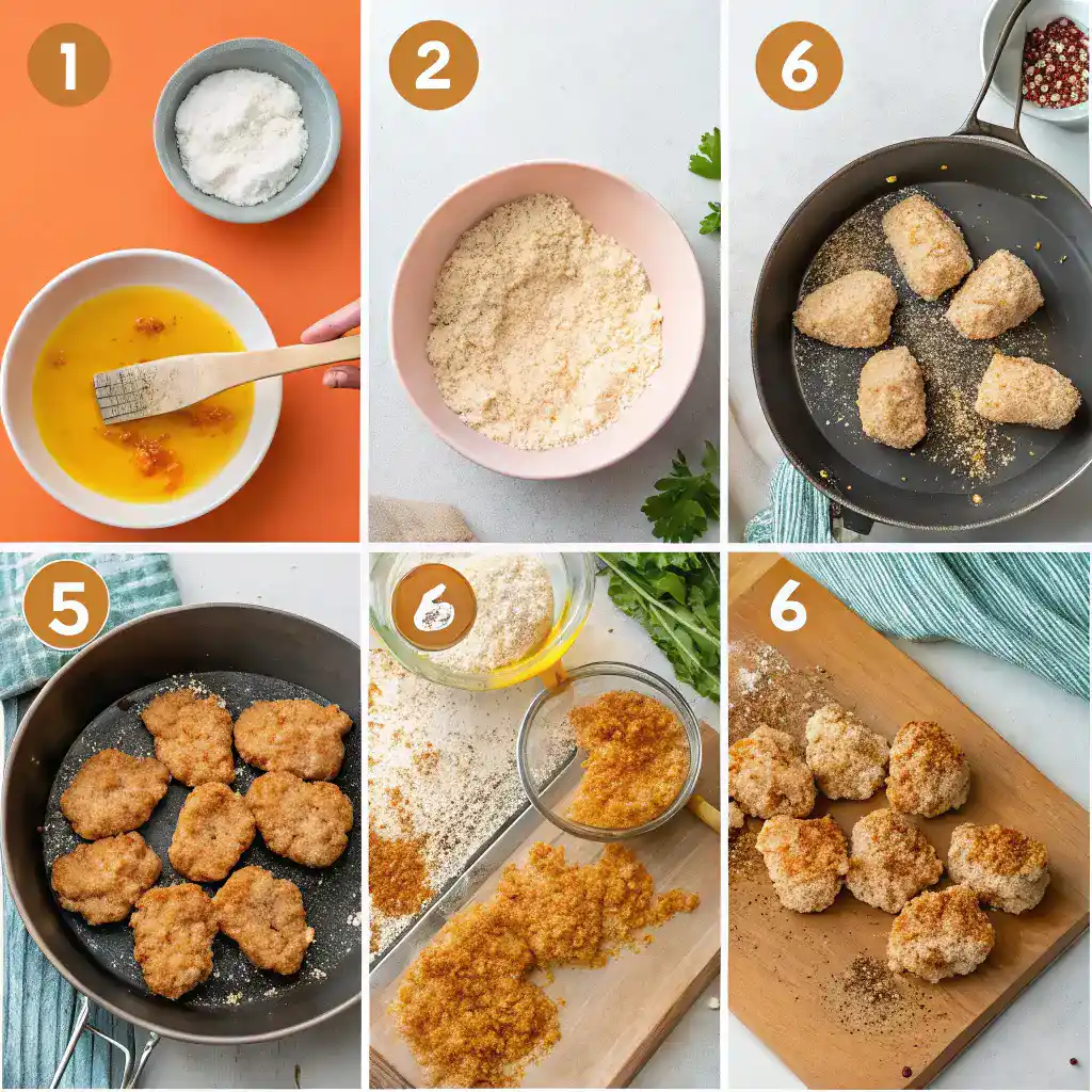 A step-by-step visual guide of making crispy boneless wings, from preparation to frying, showcasing the process of the boneless wings recipe.
