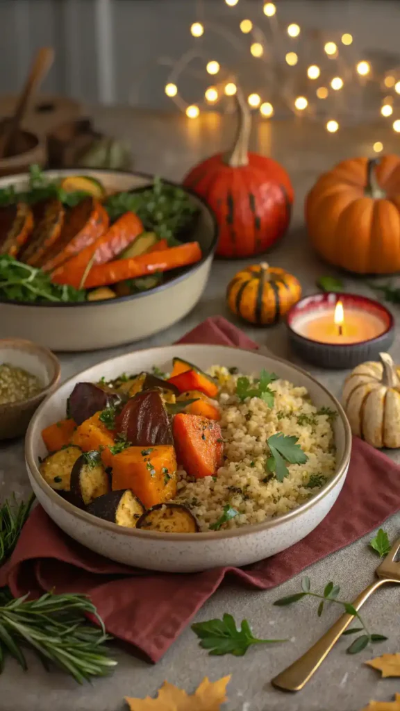Thanksgiving dinner table with roasted vegetables and quinoa