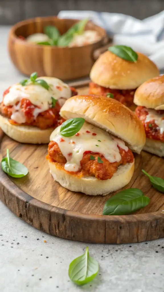 Cheesy Marinara Chicken Sliders served on a platter