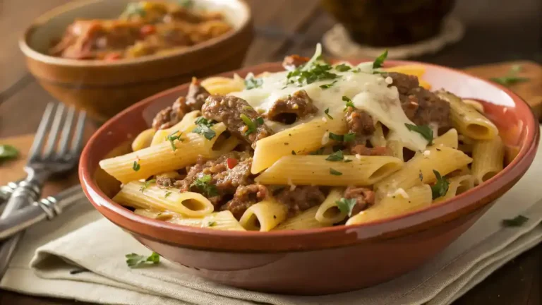 Delicious Cheesy Penne with Garlic Butter Ground Beef