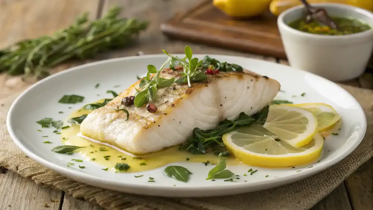 Plated Chilean Sea Bass with herbs and lemon