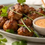 Close-up of Korean BBQ Meatballs with Spicy Mayo Dip
