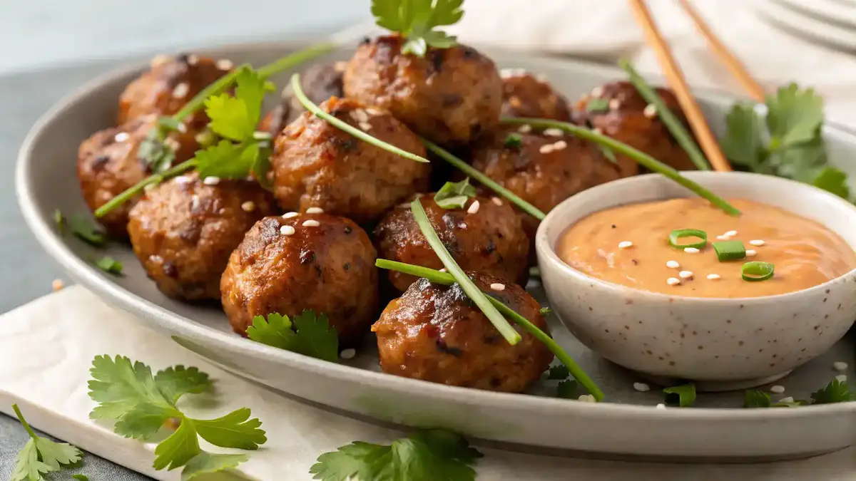 Close-up of Korean BBQ Meatballs with Spicy Mayo Dip