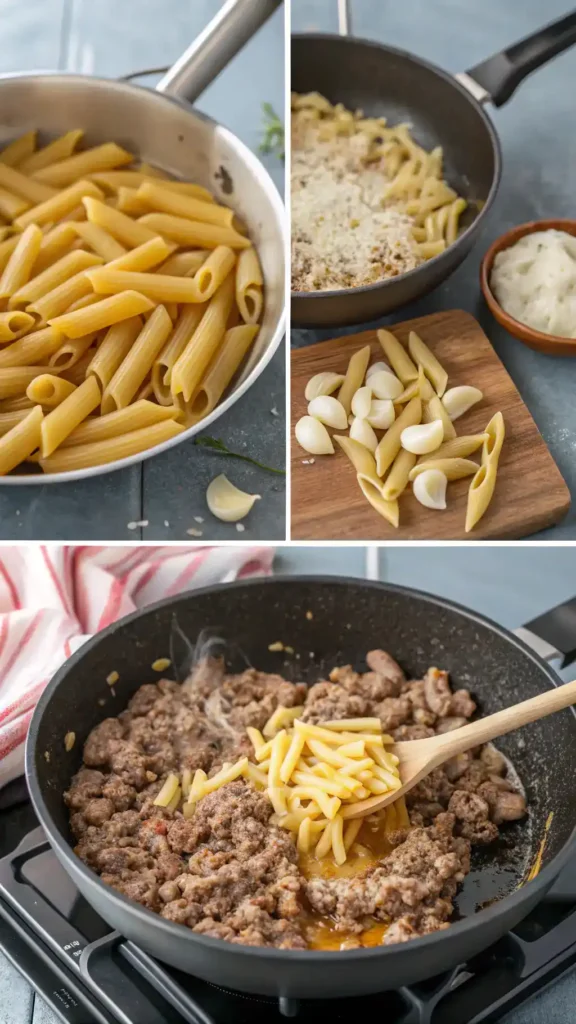 Cooking process of Cheesy Penne with Garlic Butter Ground Beef
