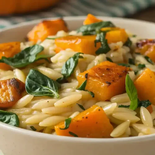 Close-up of Creamy Orzo with Roasted Butternut Squash and Spinach.