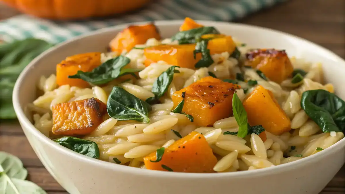 Close-up of Creamy Orzo with Roasted Butternut Squash and Spinach.