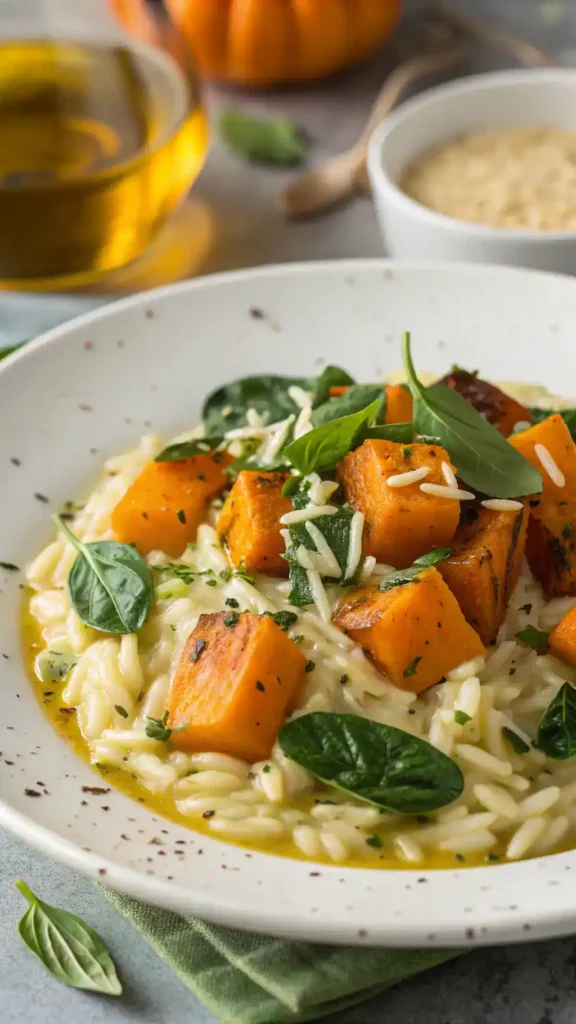 Creamy Orzo with Roasted Butternut Squash and Spinach on a plate.