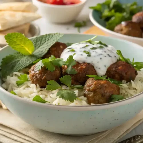Greek Meatball Bowl with Tzatziki & Rice