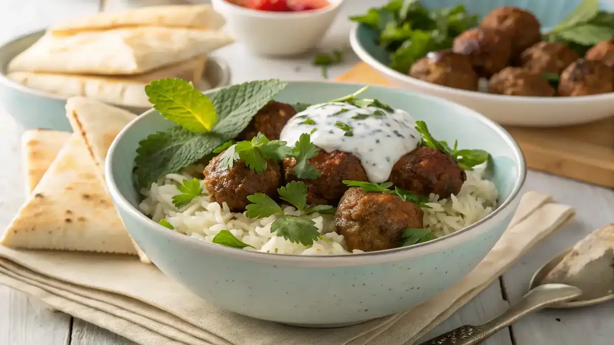 Greek Meatball Bowl with Tzatziki & Rice