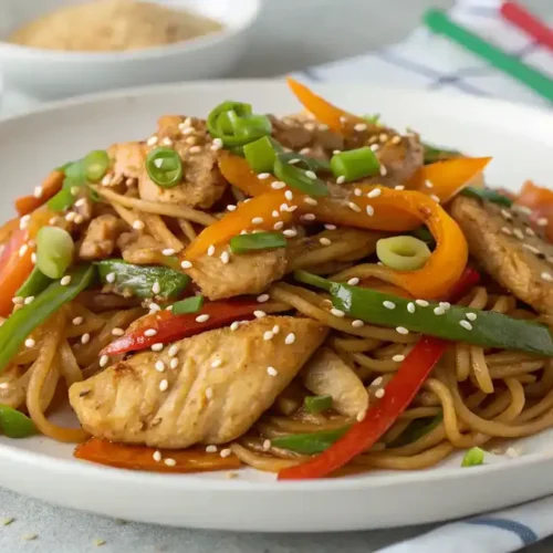 Easy Chicken Chow Mein plated and ready to eat.