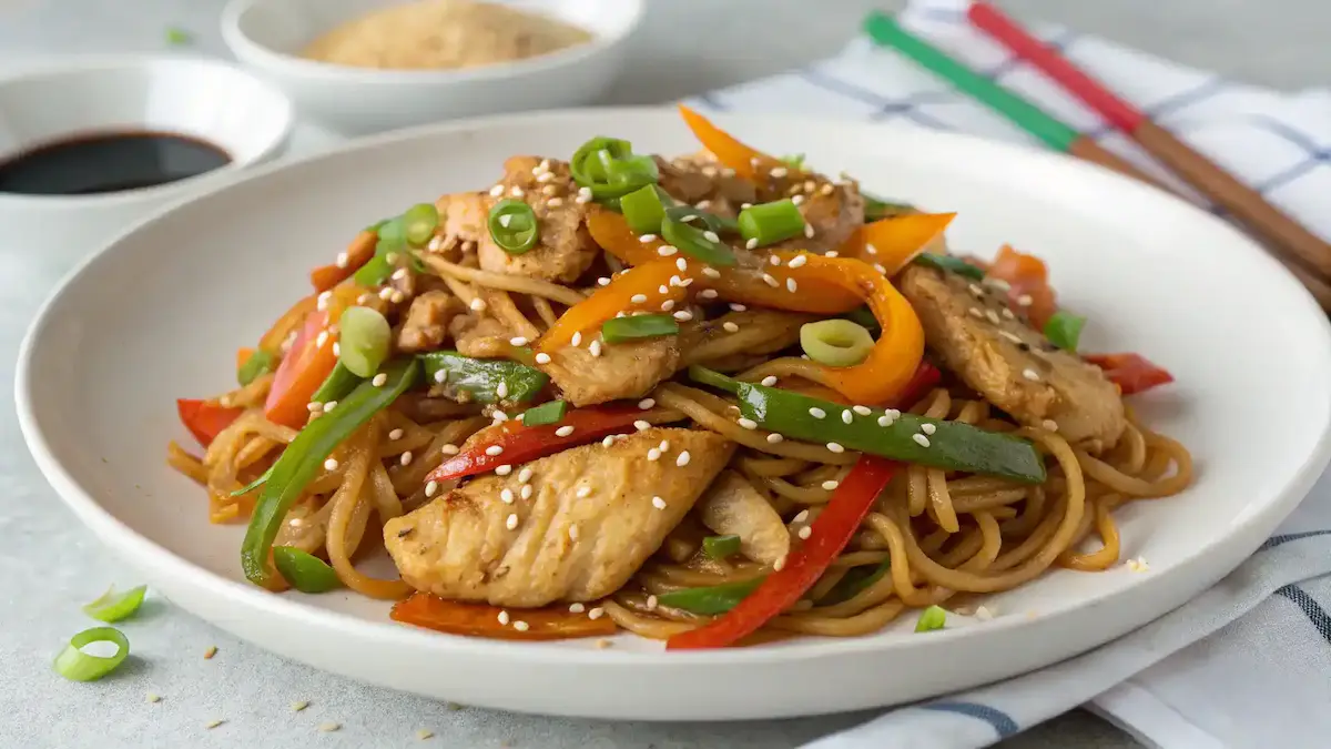 Easy Chicken Chow Mein plated and ready to eat.