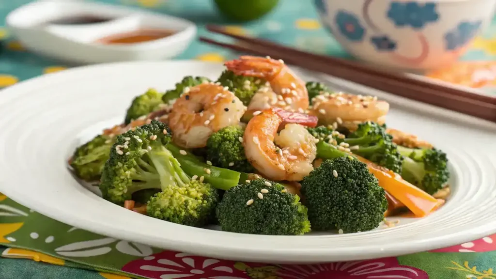 Plated Broccoli and Shrimp Sauté