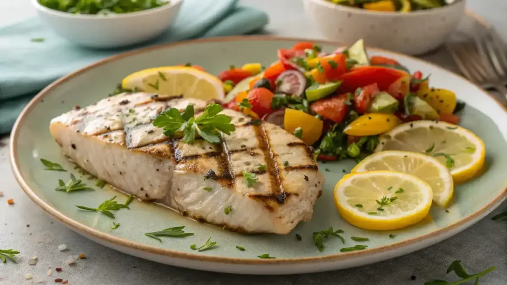 Grilled swordfish steak with herbs and lemon