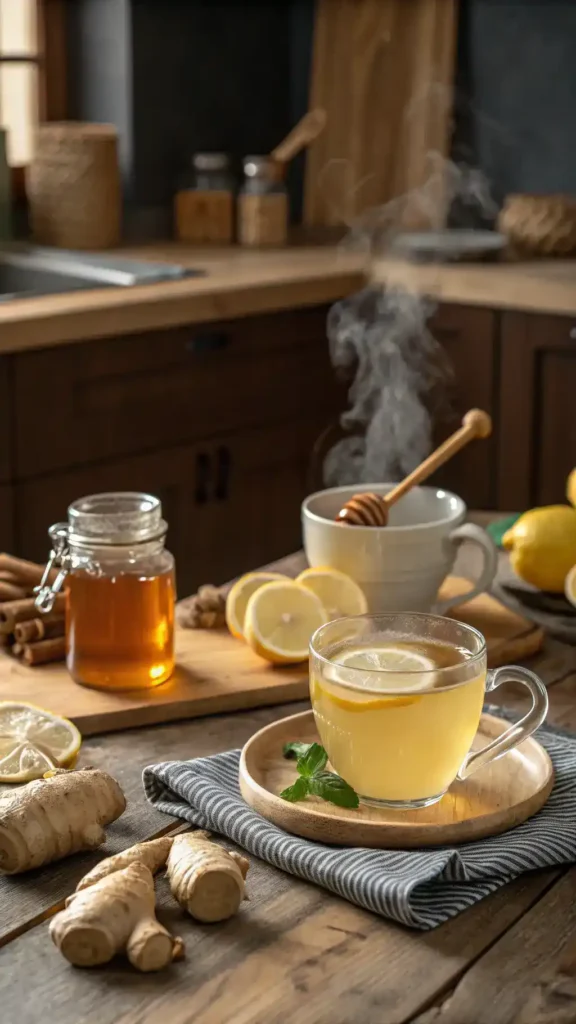 A steaming cup of Flu-Fighting Tea with ingredients around it.