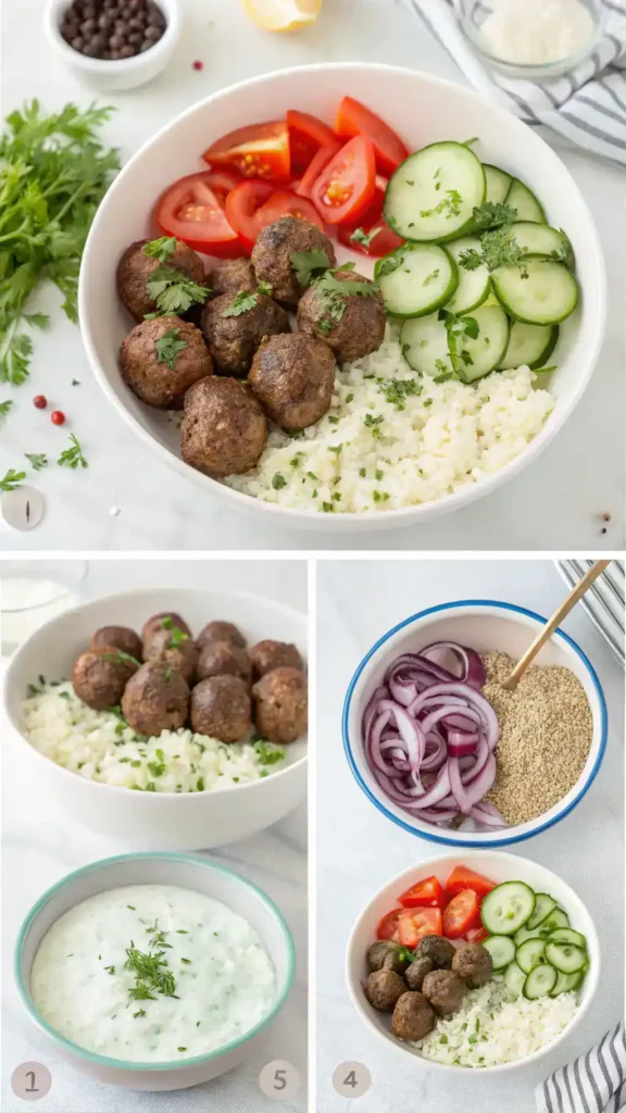 Preparing Greek Meatball Bowl with Tzatziki & Rice
