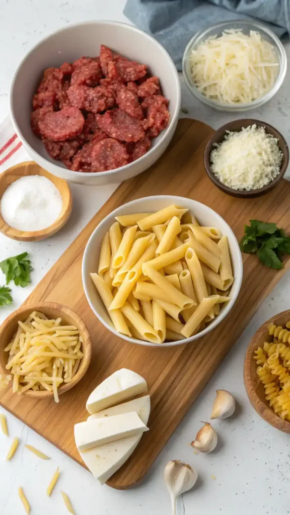 Ingredients for Cheesy Penne with Garlic Butter Ground Beef