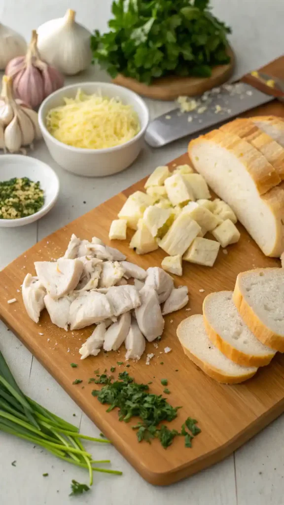 Fresh ingredients for Chicken Alfredo Garlic Bread
