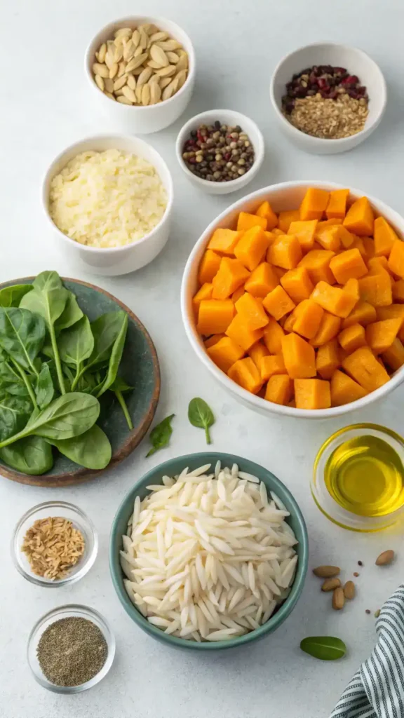 Ingredients for Creamy Orzo with Roasted Butternut Squash and Spinach.