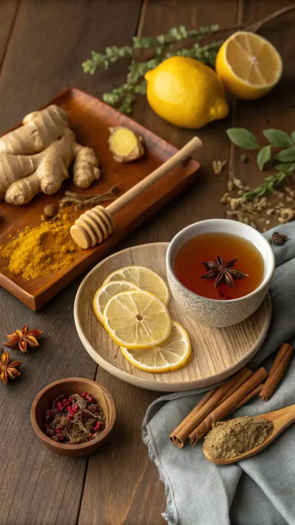 Ingredients for Flu-Fighting Tea displayed on a table.