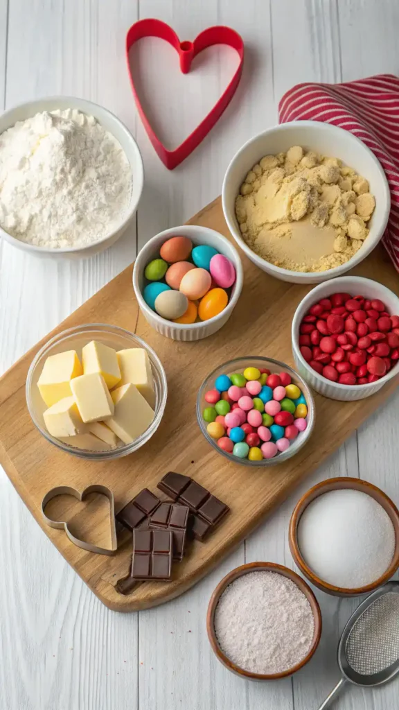 Ingredients for Valentine’s Day M&M Cookie Bars