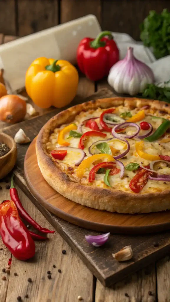 Irresistible Cheesy Baked Pizza Pie with melted cheese and fresh vegetables
