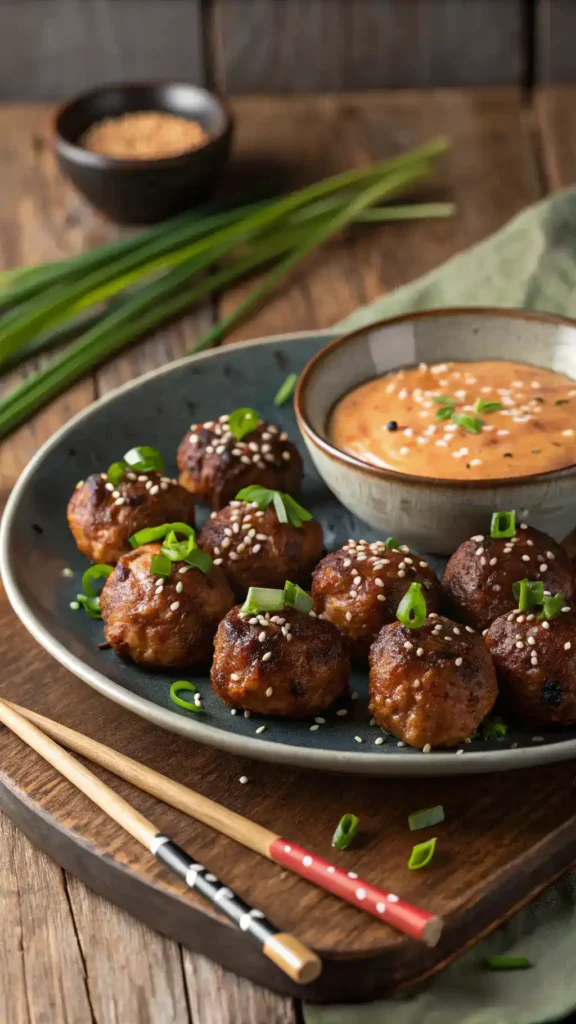 Korean BBQ Meatballs with Spicy Mayo Dip on a plate