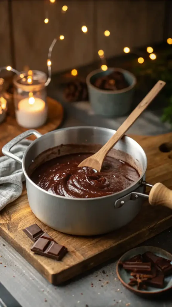 Preparing Hershey’s Cocoa Fudge in a saucepan