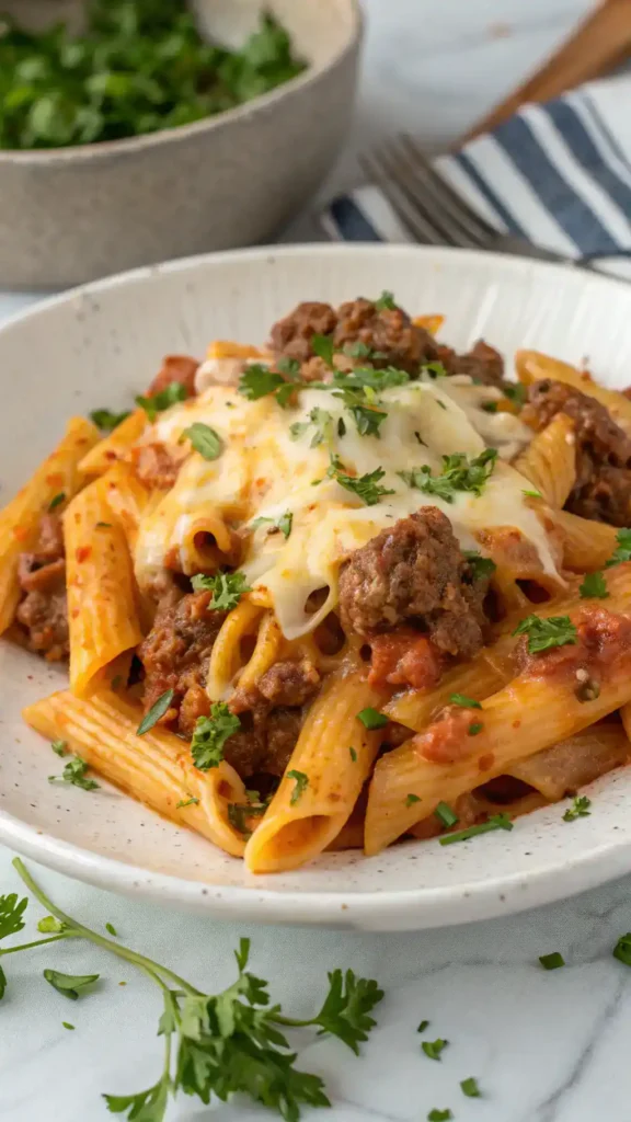 Plated Cheesy Penne with Garlic Butter Ground Beef