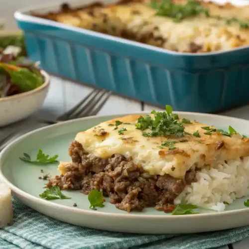 Served French Onion Ground Beef and Rice Casserole
