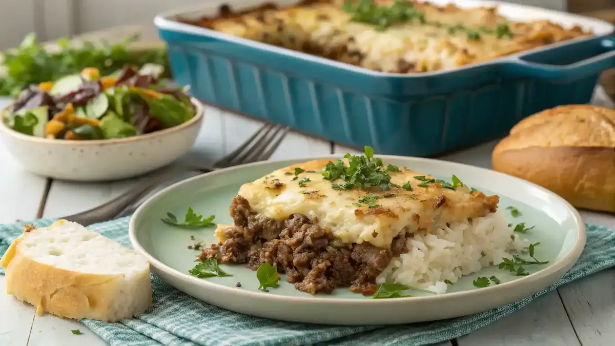 Served French Onion Ground Beef and Rice Casserole