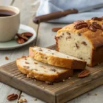 Sliced Sweet Alabama Pecan Bread on a wooden board.