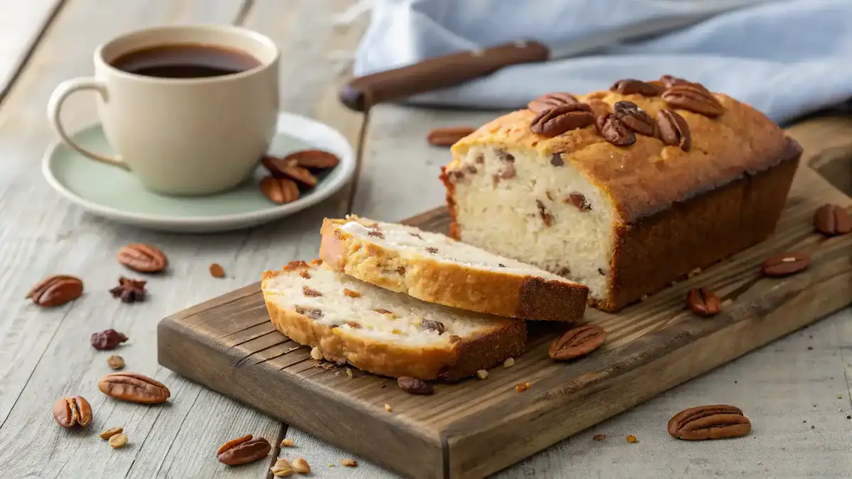 Sliced Sweet Alabama Pecan Bread on a wooden board.