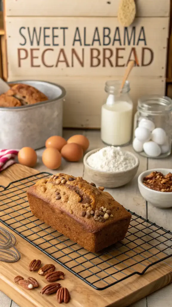 Freshly baked Sweet Alabama Pecan Bread cooling on a rack.