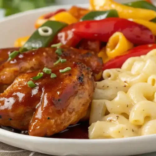 Sweet and Spicy Honey Pepper Chicken with Creamy Macaroni & Cheese