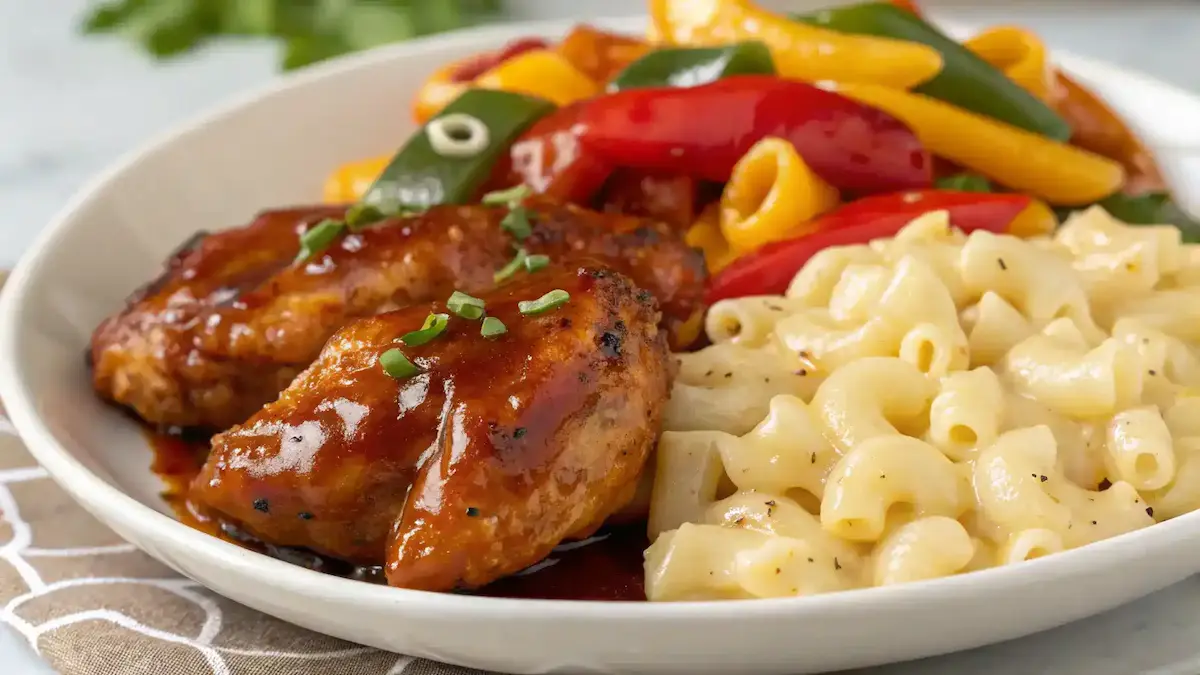 Sweet and Spicy Honey Pepper Chicken with Creamy Macaroni & Cheese