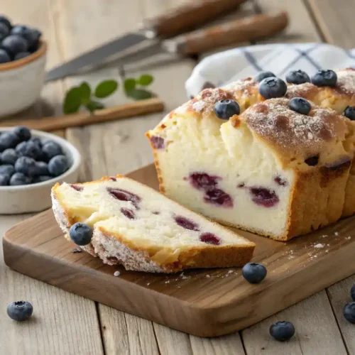 Blueberry Fluffy Cottage Cheese Cloud Bread on a wooden table