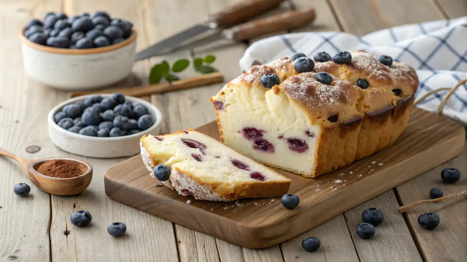 Blueberry Fluffy Cottage Cheese Cloud Bread on a wooden table