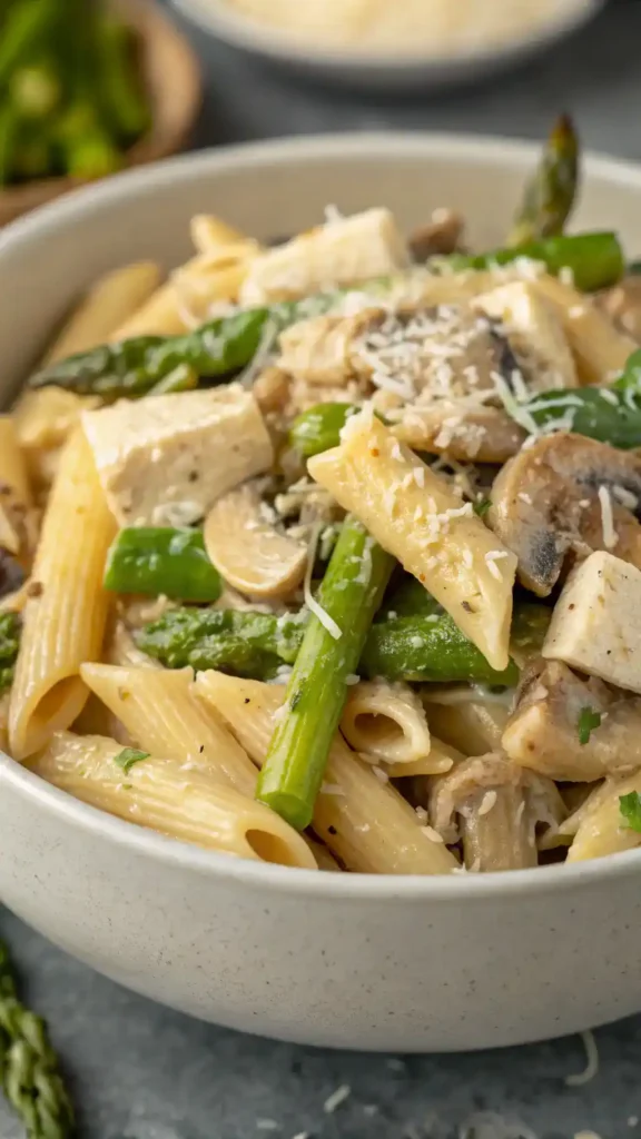 Creamy Mushroom and Asparagus Chicken Penne Close-Up