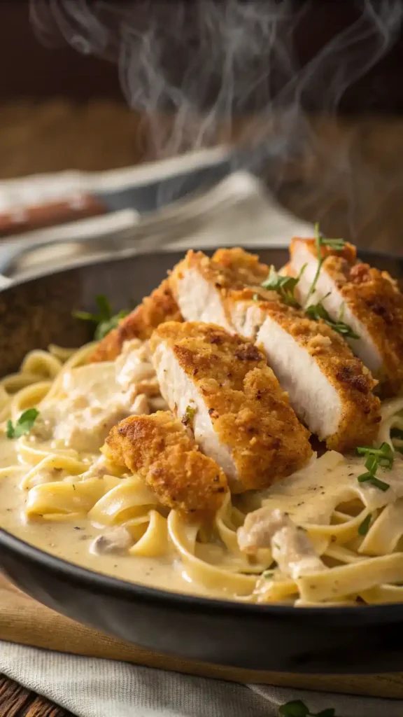 Close-up of Crispy Chicken with Creamy Pasta