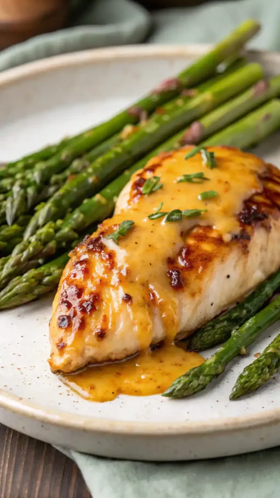 Close-up of Honey Mustard Glazed Chicken with Cheesy Roasted Asparagus