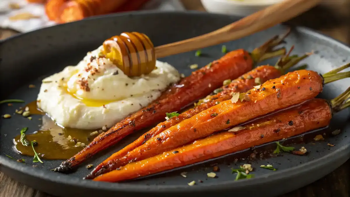 Close-up of Roasted Carrots with Whipped Ricotta and Hot Honey
